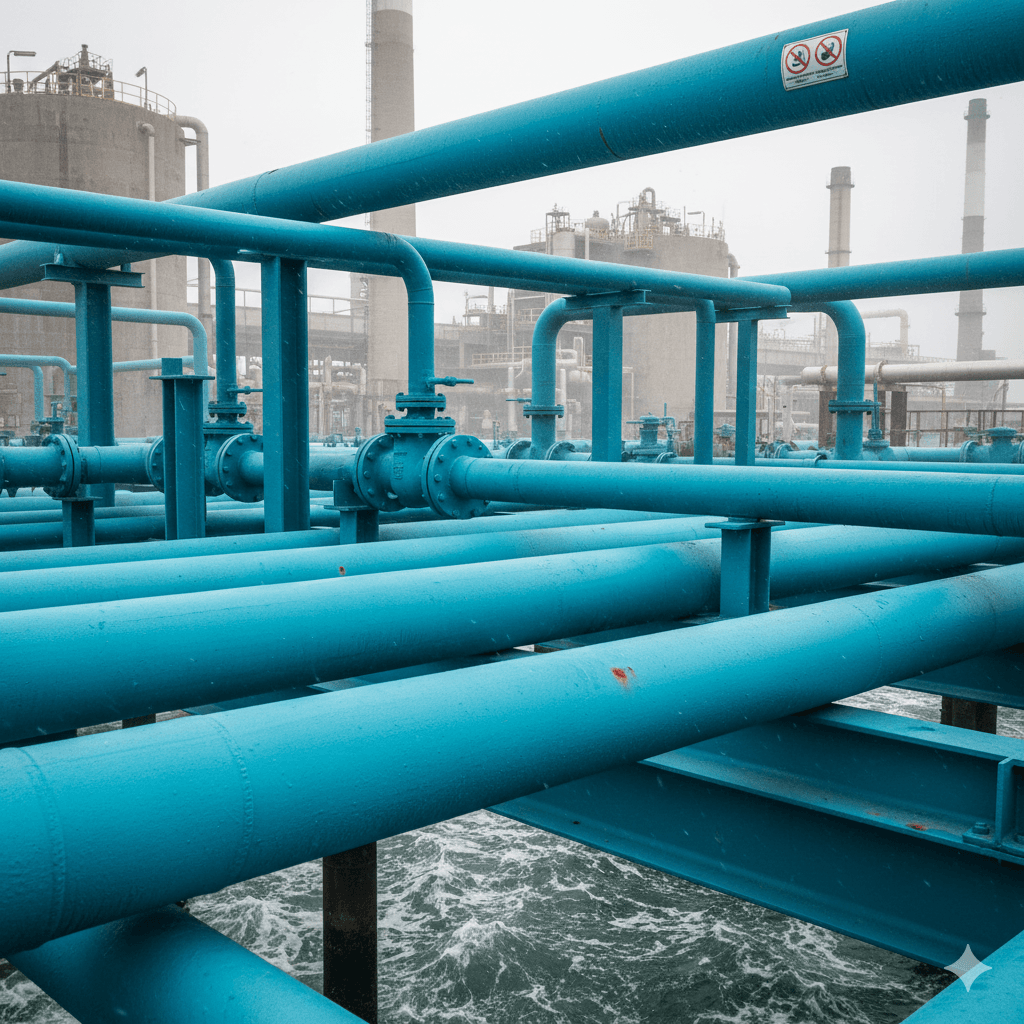 Industrial steel pipes protected with a blue anti-corrosion coating