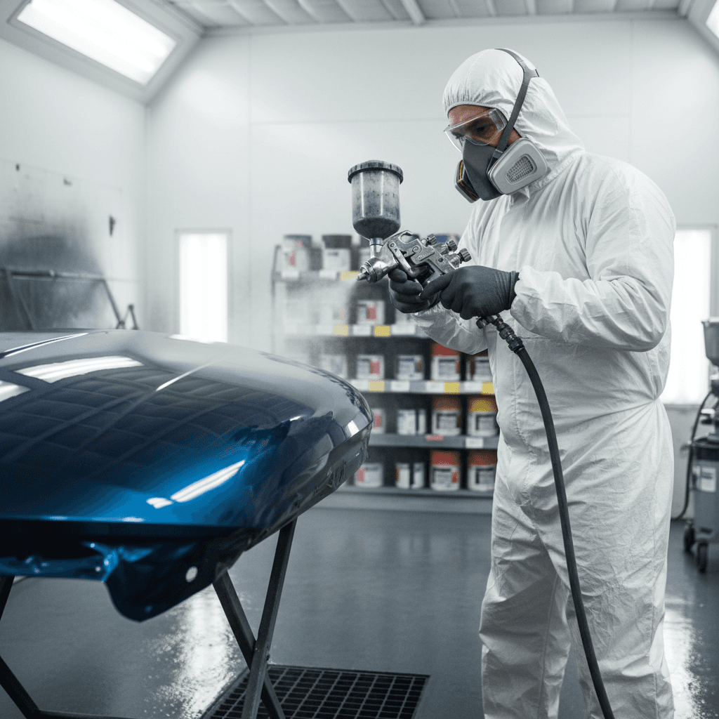 A car being professionally spray painted in a bodyshop booth