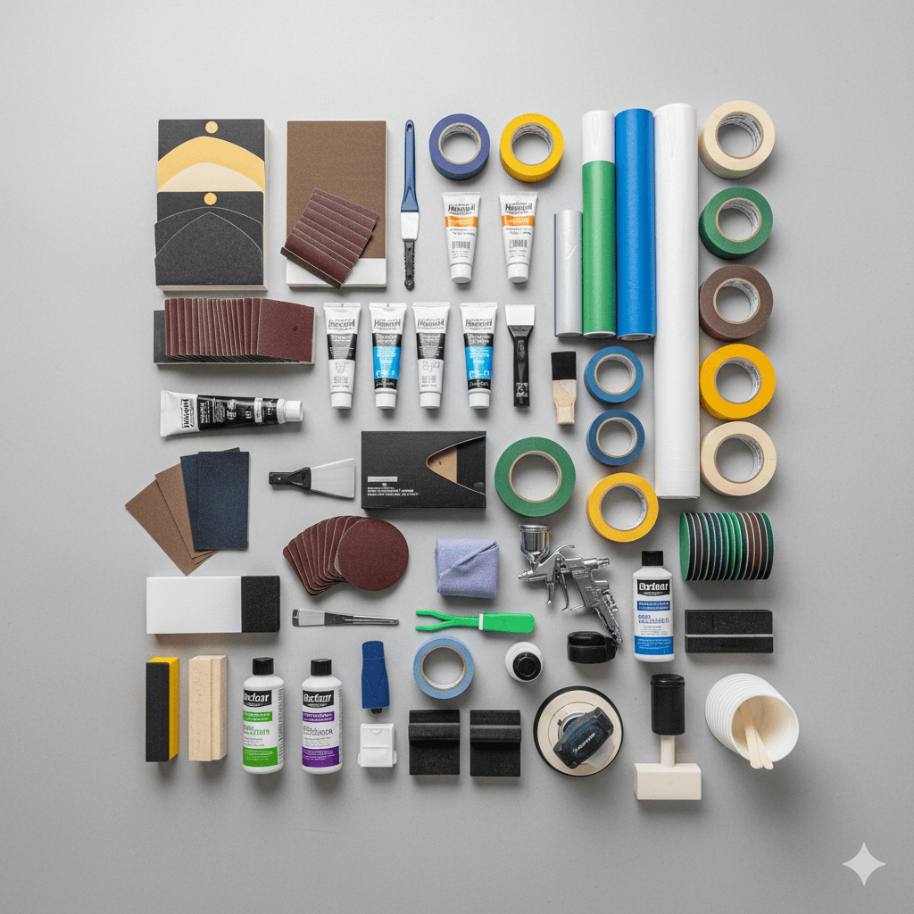 A pile of automotive abrasives, fillers, and masking tape