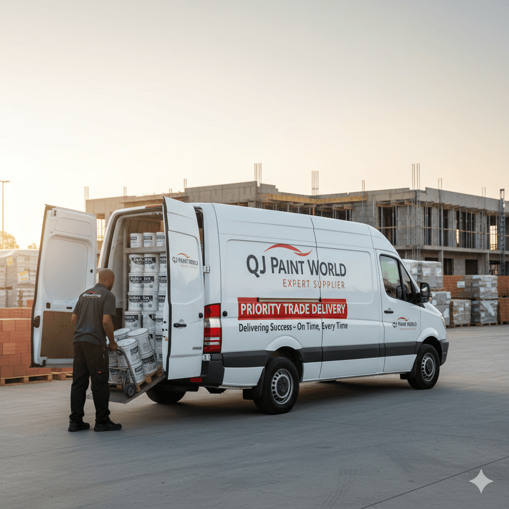 QJ Paint World delivery truck dropping off supplies at a trade site