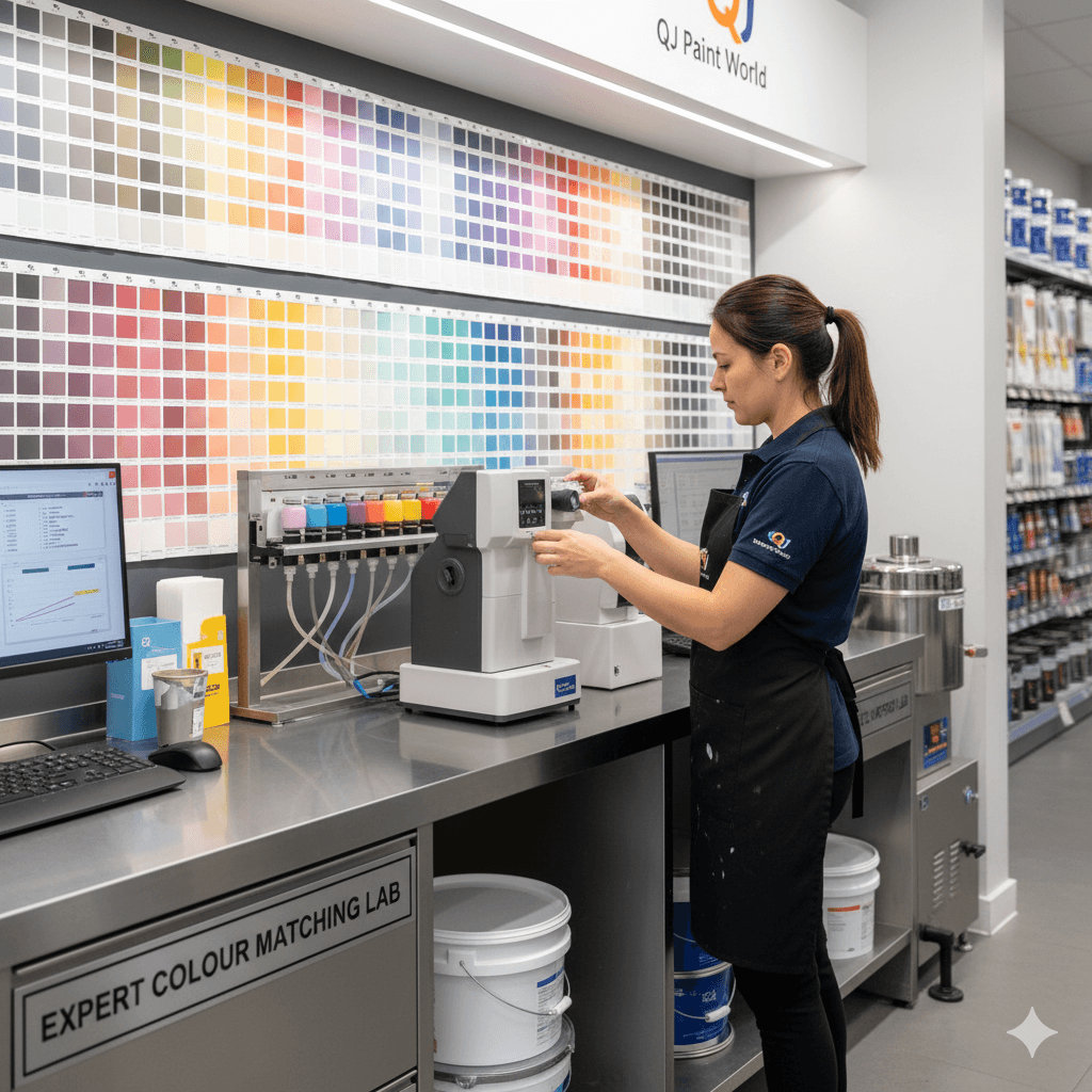Expert technician using a paint mixing machine and spectrophotometer