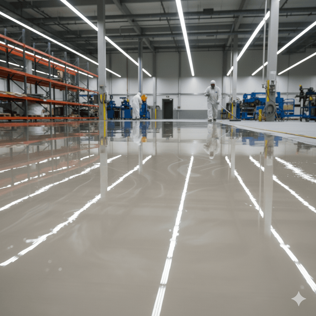Industrial floor being coated with a high-gloss epoxy system