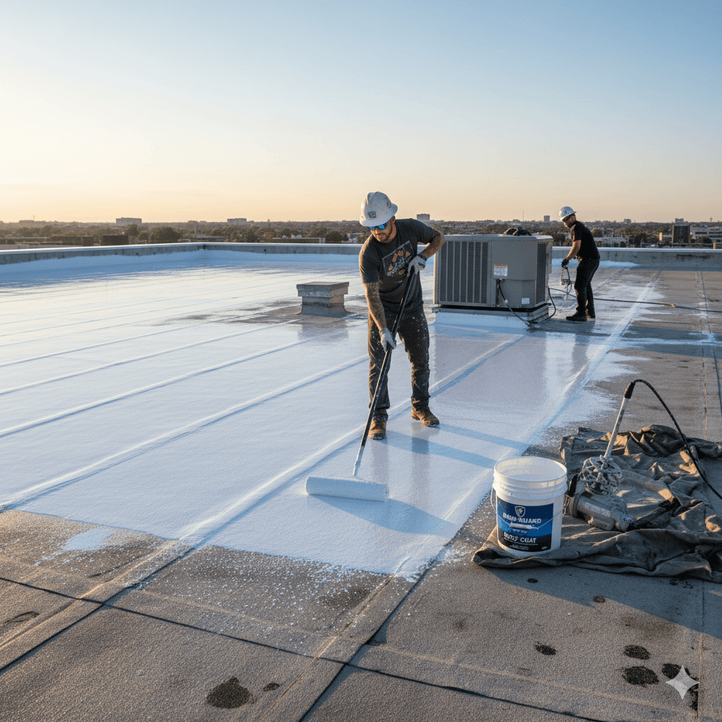 Contractor applying white elastomeric roof paint to a flat roof